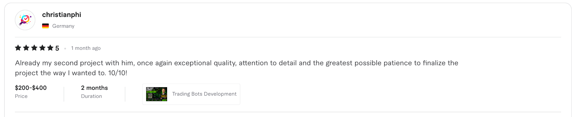 5-star Fiverr review for dkcodenut — Pine Script / TradingView development