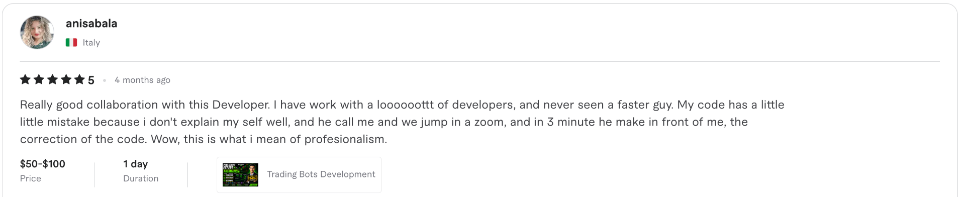 5-star Fiverr review for dkcodenut — Pine Script / TradingView development