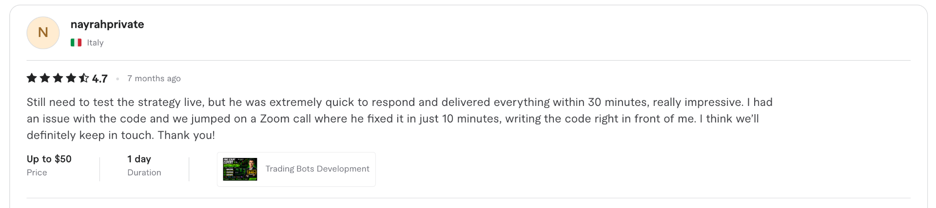 5-star Fiverr review for dkcodenut — Pine Script / TradingView development