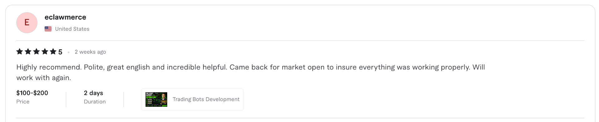 5-star Fiverr review for dkcodenut — Pine Script / TradingView development