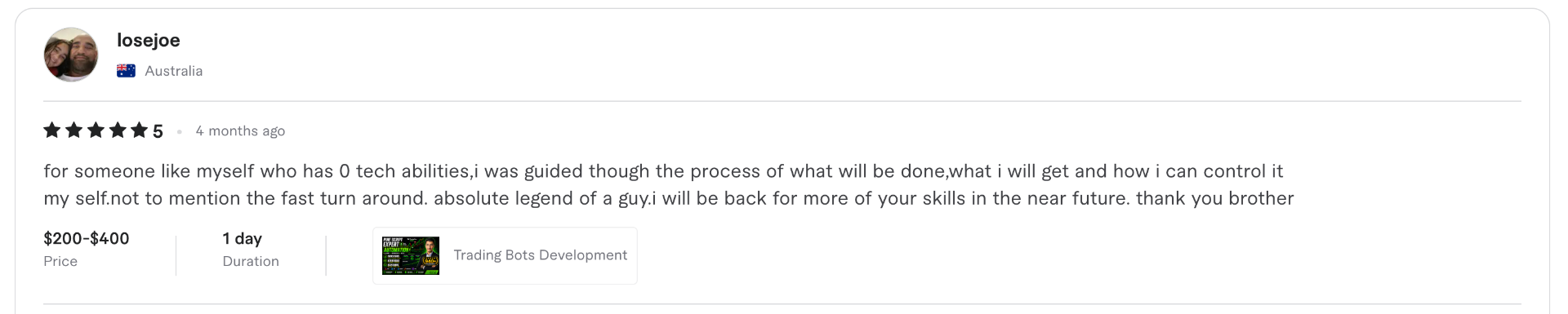 5-star Fiverr review for dkcodenut — Pine Script / TradingView development